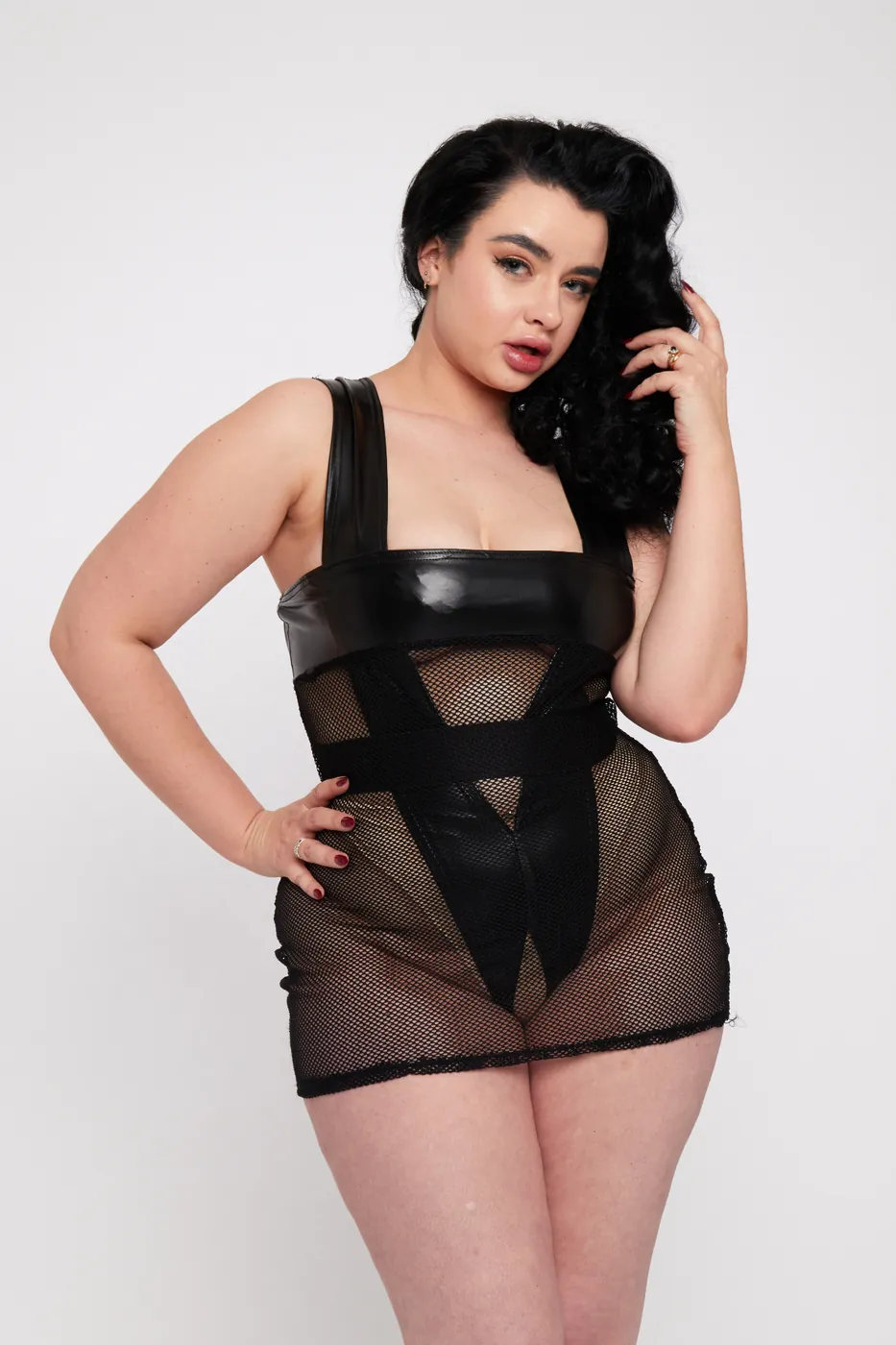 Brand X — black PVC and mesh mini dress