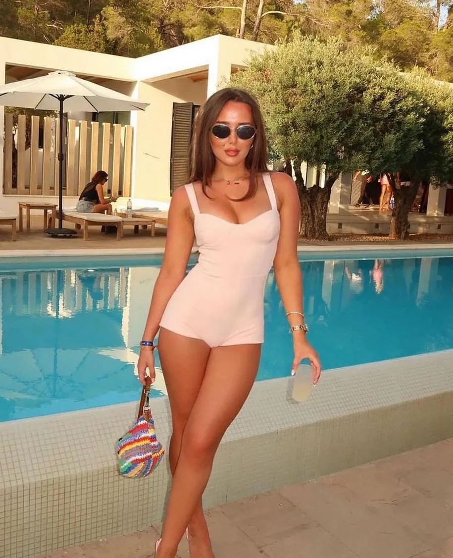 Beau Collection — pink swimsuit, poolside campaign image